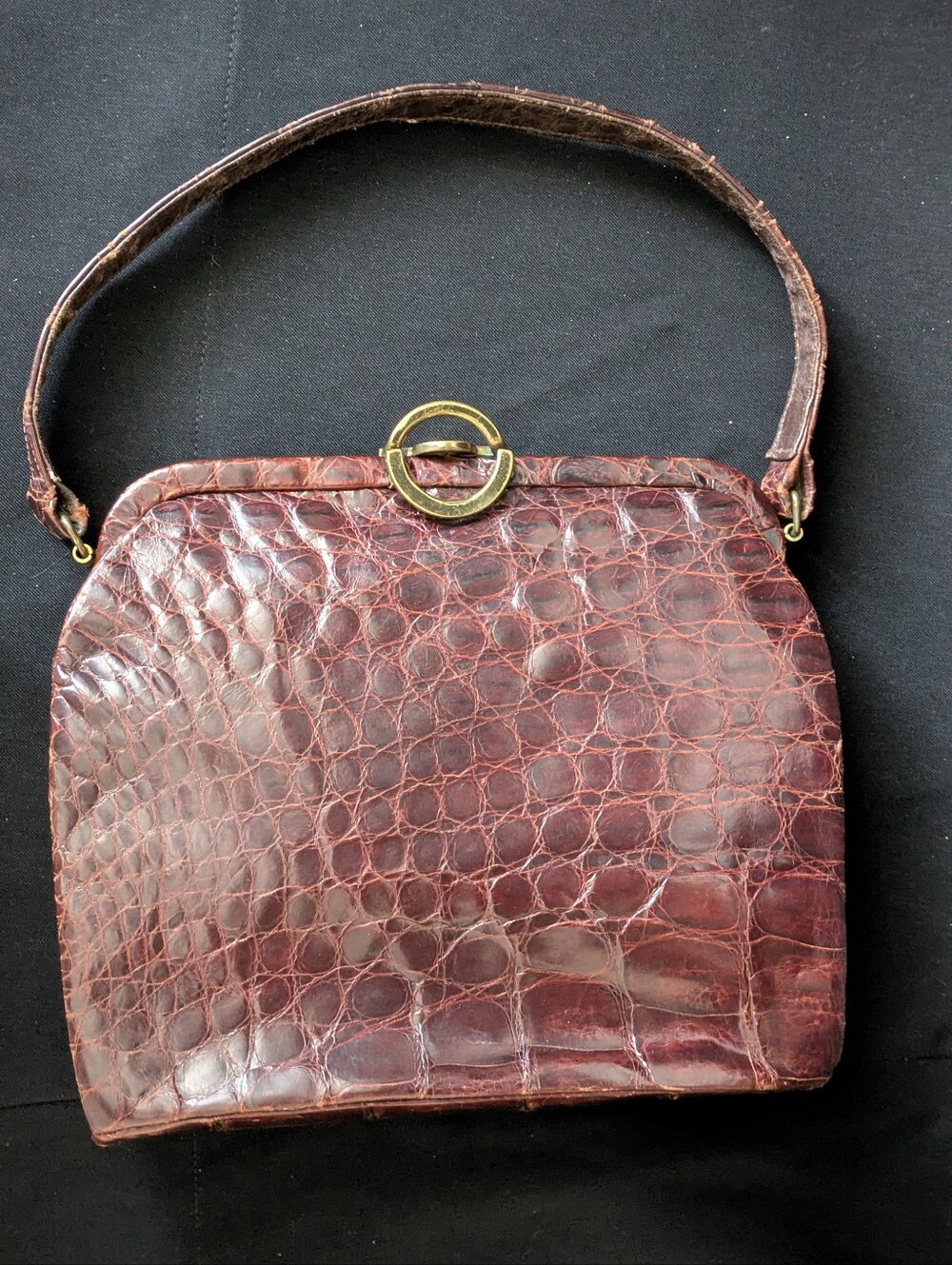 Vintage Croc-Embossed Leather Handbag in Deep Burgundy
